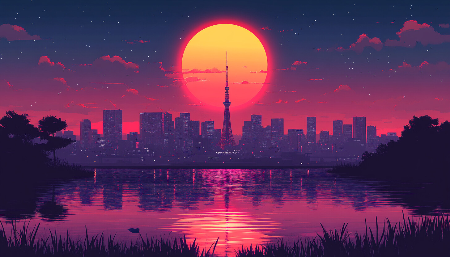 A sleek, modern depiction of Tokyo's skyline at dusk, with vibrant colors reflecting on the water, s