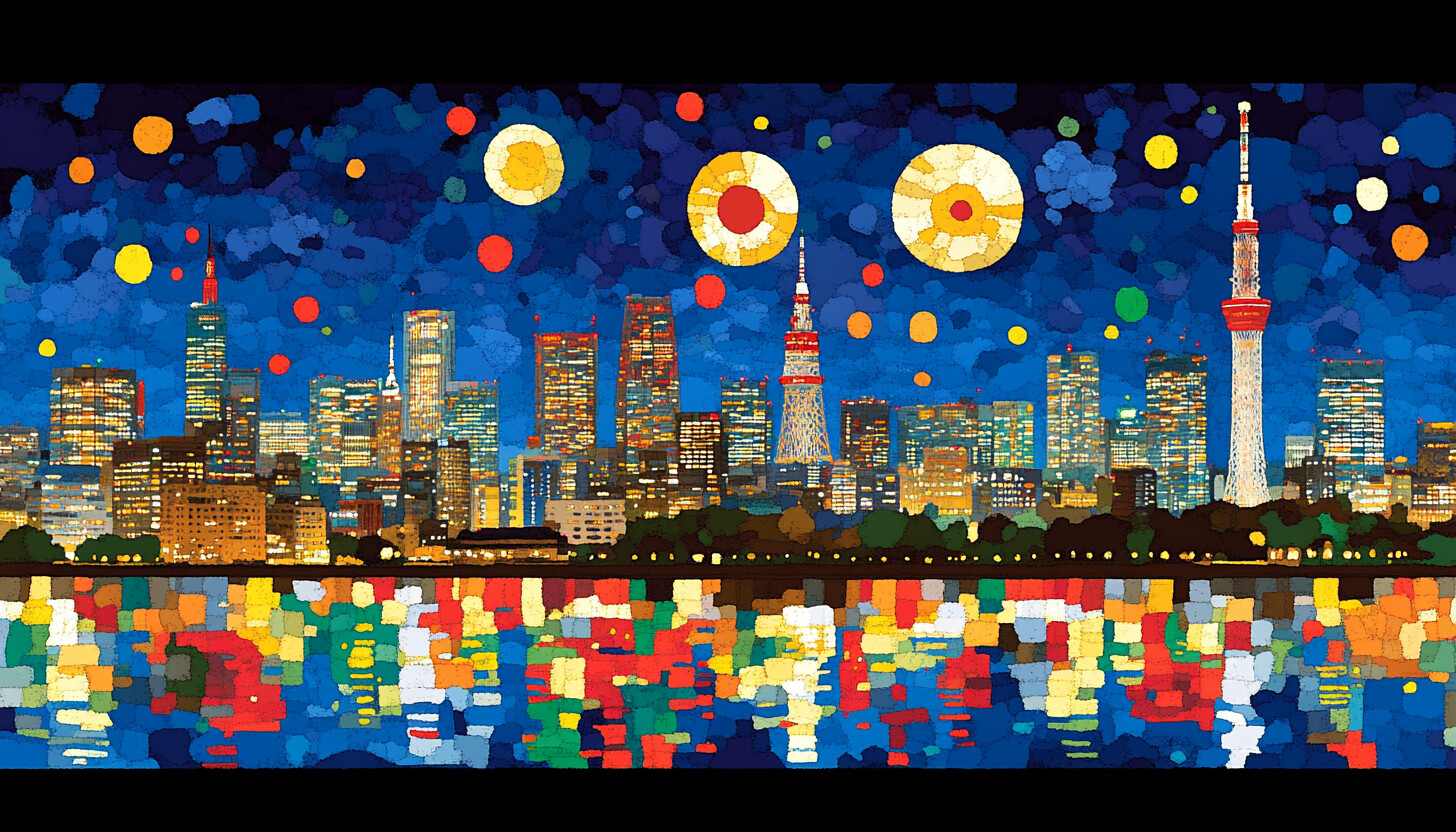 A sleek, modern depiction of Tokyo's skyline at dusk, with vibrant colors reflecting on the water, symbolizing growth and transformation in Japan's financial landscape.