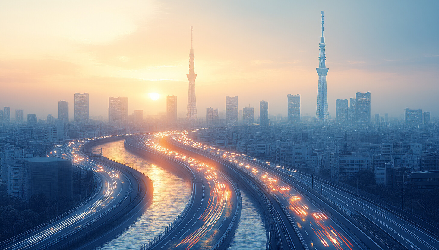 A sleek, modern depiction of Tokyo's skyline at dusk, with vibrant colors reflecting on the water, symbolizing growth and transformation in Japan's financial landscape.