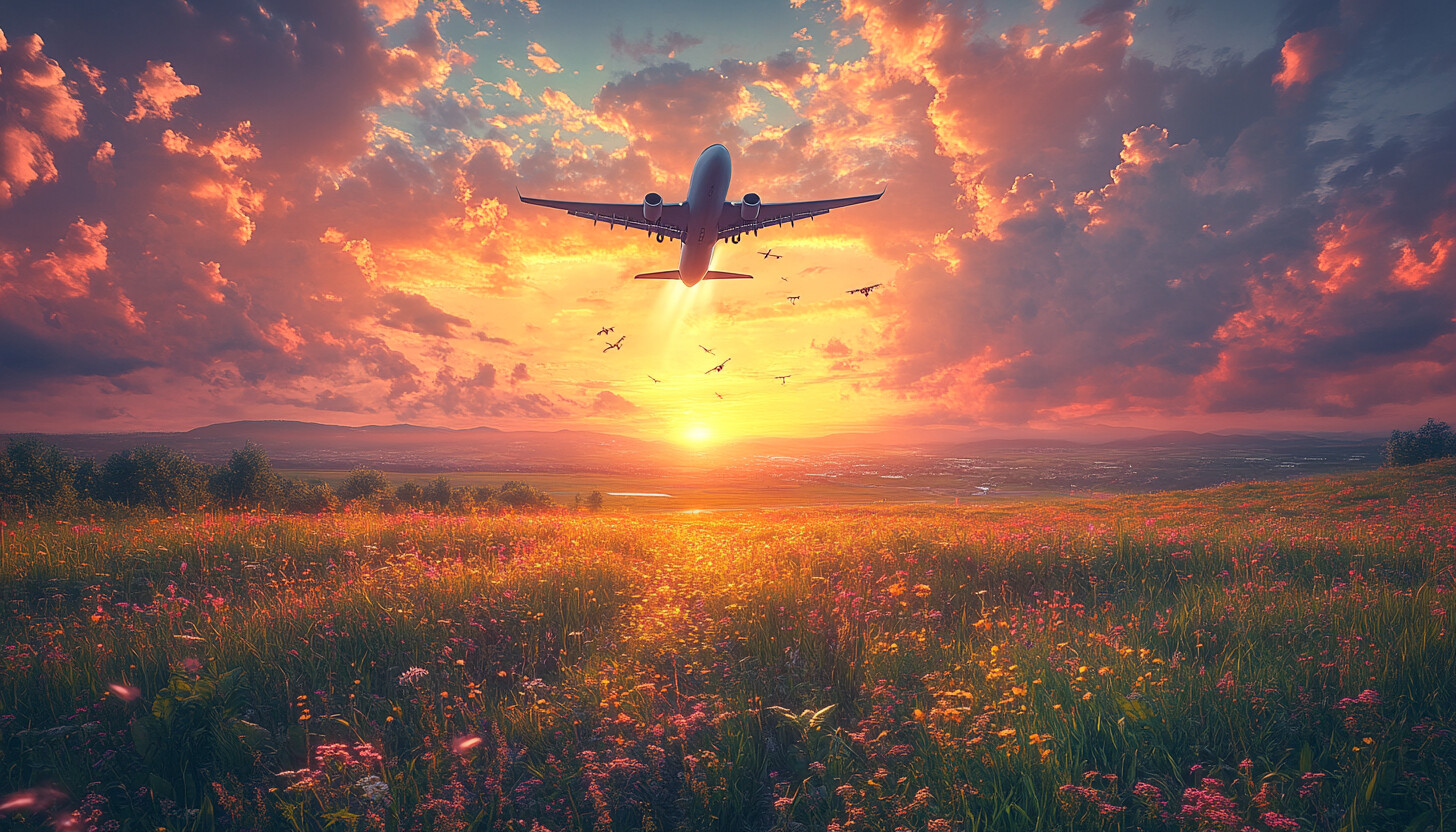 A sleek Airbus jet taking off against a vibrant sunset sky, symbolizing progress and achievement in 