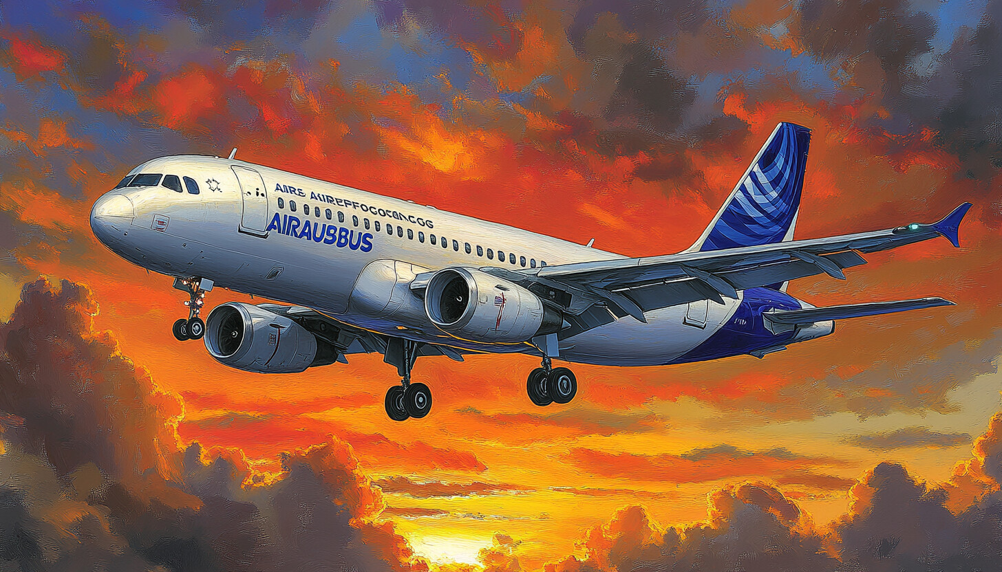 A sleek Airbus jet taking off against a vibrant sunset sky, symbolizing progress and achievement in aviation.