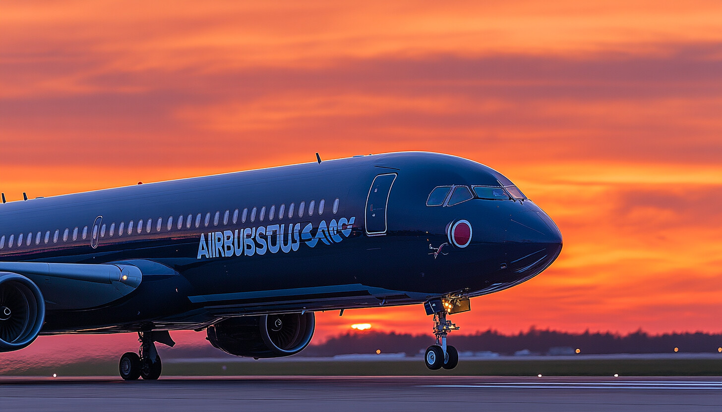 A sleek Airbus jet taking off against a vibrant sunset sky, symbolizing progress and achievement in aviation.