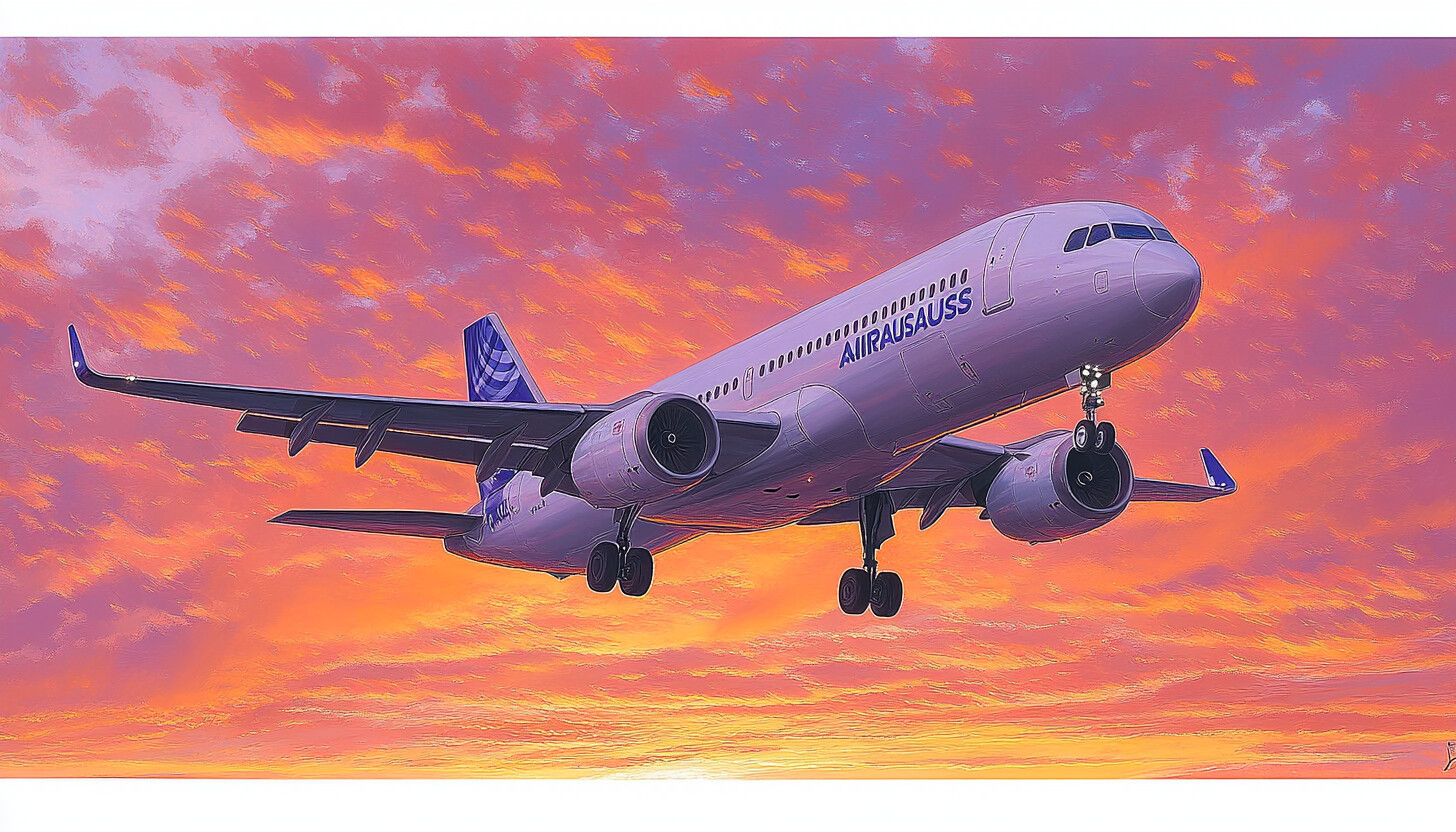 A sleek Airbus jet taking off against a vibrant sunset sky, symbolizing progress and achievement in aviation.