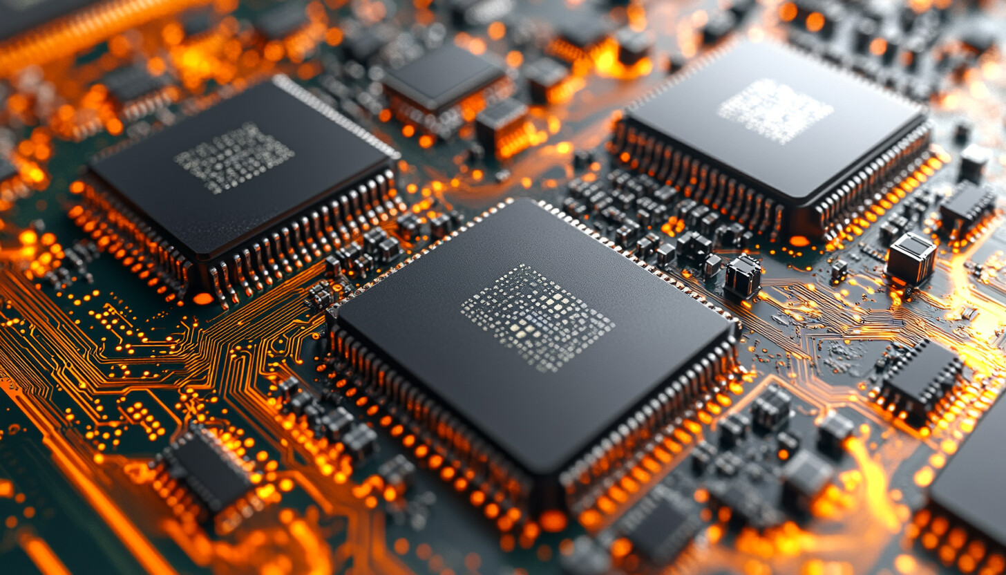 A sleek and modern depiction of interconnected AI chips, showcasing the advanced technology and collaboration between Amazon and Broadcom, set against a backdrop of digital data streams.