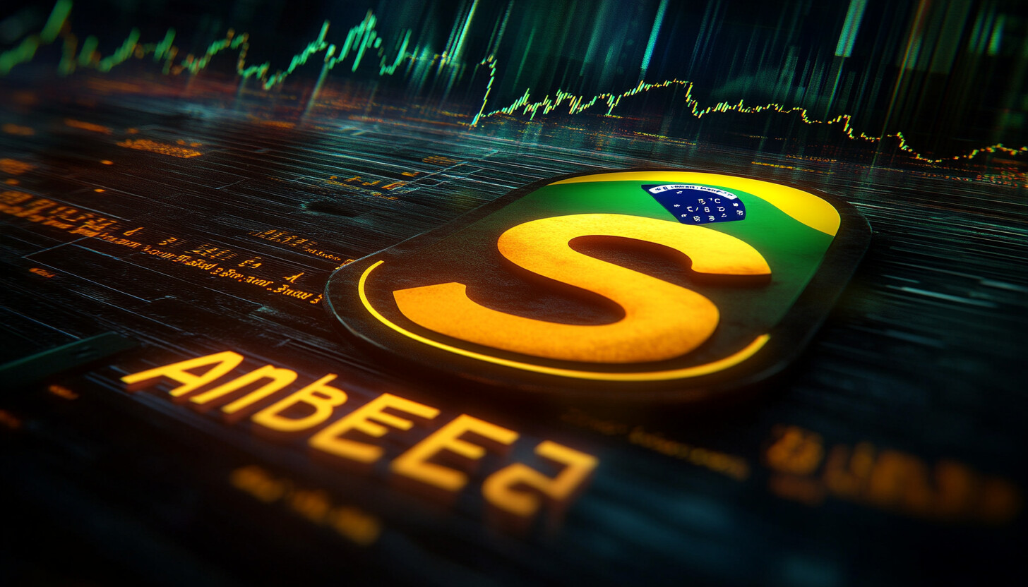 A dynamic illustration of Ambev SA's logo integrated with stock graphs and Brazilian currency, symbolizing financial growth and strategic corporate decisions.