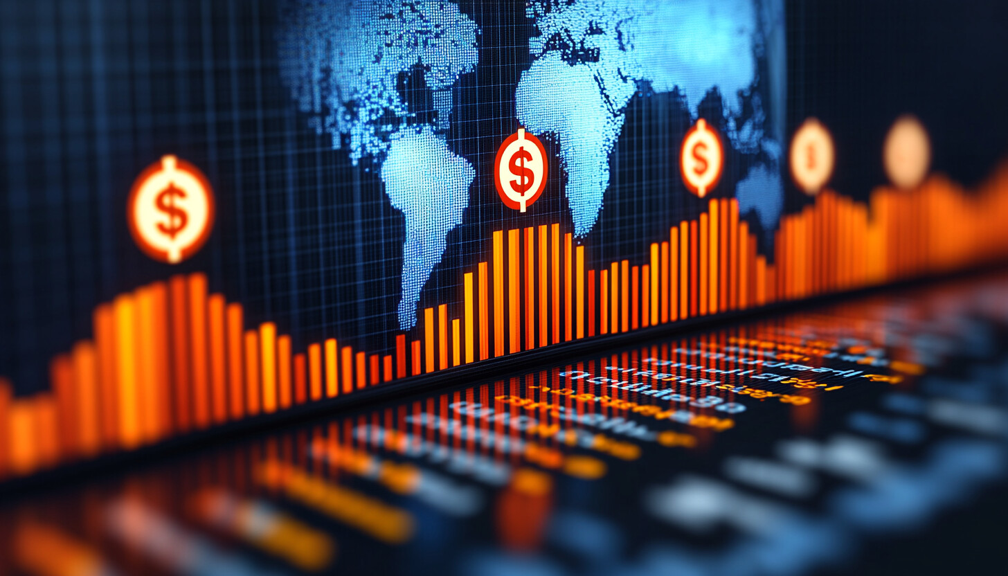 A dynamic illustration showing a graph with declining currency symbols, set against a backdrop of a digital globe, highlighting the global impact of currency fluctuations.