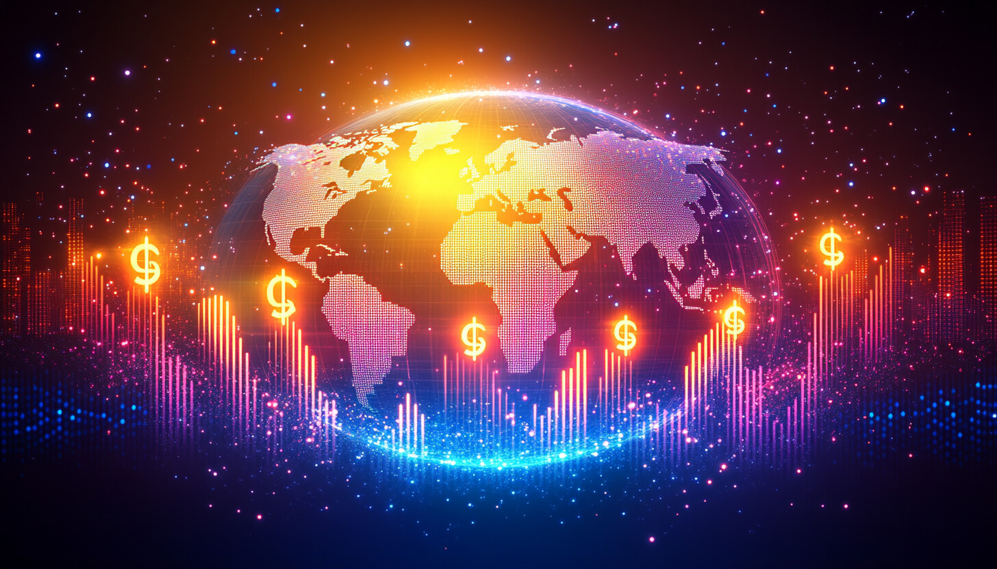 A dynamic illustration showing a graph with declining currency symbols, set against a backdrop of a digital globe, highlighting the global impact of currency fluctuations.