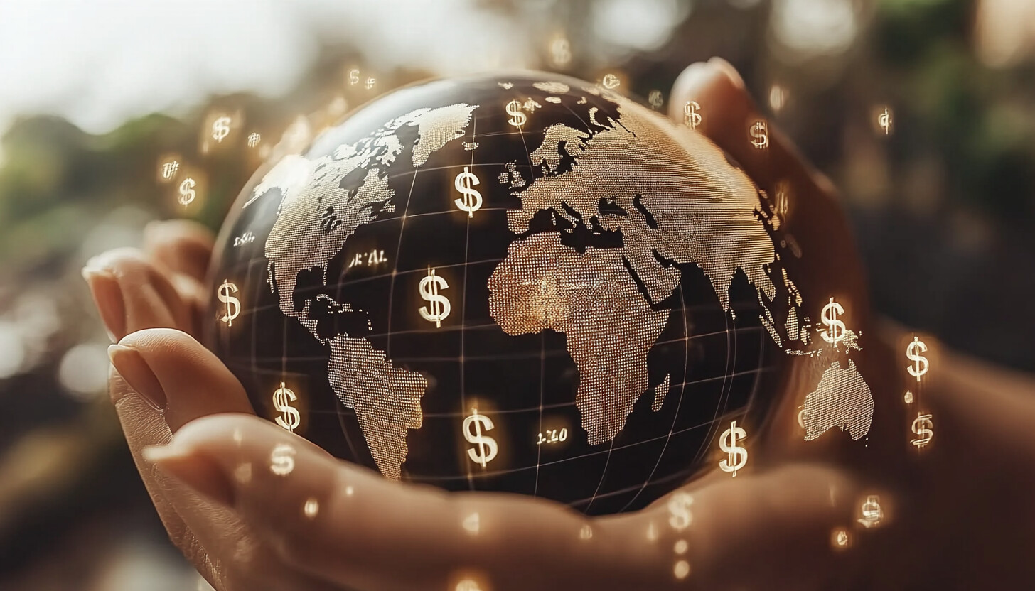 A dynamic illustration showing a graph with declining currency symbols, set against a backdrop of a digital globe, highlighting the global impact of currency fluctuations.