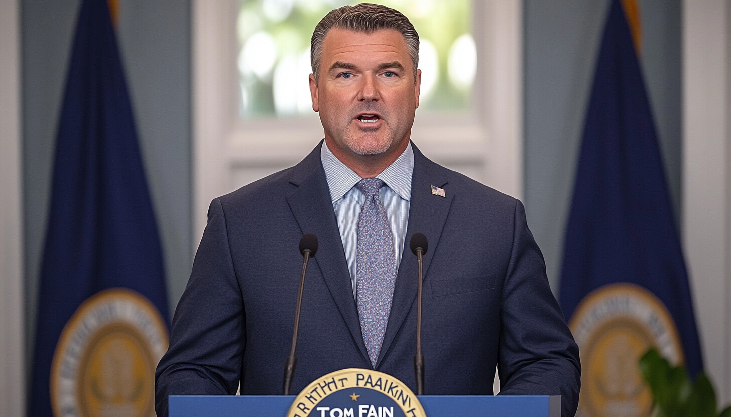 A professional setting with Richmond Fed President Tom Barkin speaking at a podium, emphasizing financial insights with a balanced color palette of blues and grays.