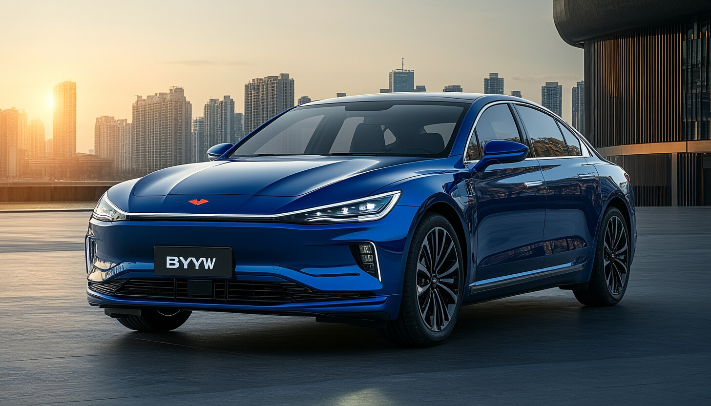 A sleek BYD electric vehicle, set against a modern urban backdrop, symbolizes innovation and the rise of Chinese automakers in the global market.