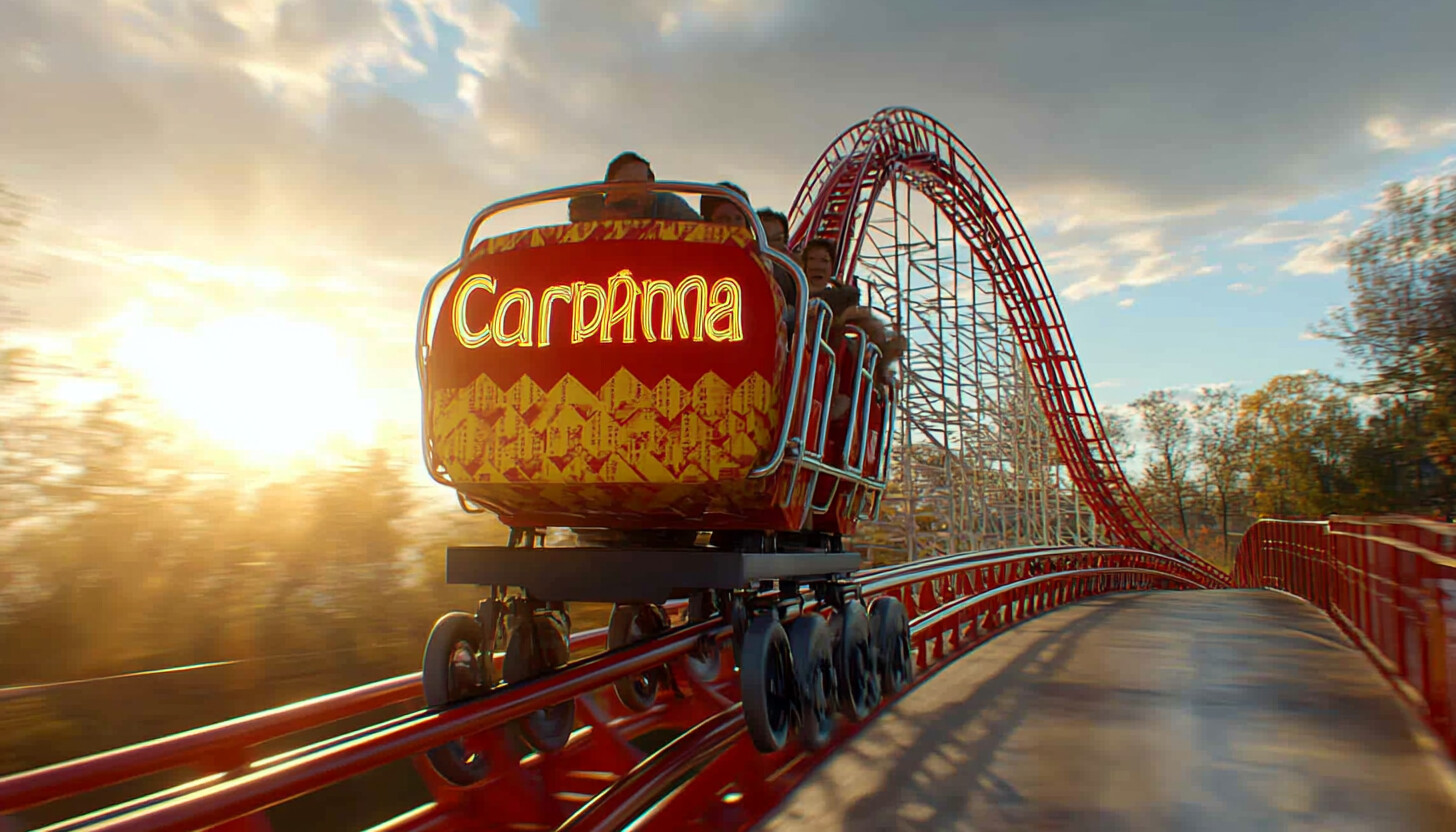 A dramatic and dynamic illustration showing a roller coaster with Carvana's logo on a cart, symbolizing the volatile journey of the company's stock amidst financial allegations.