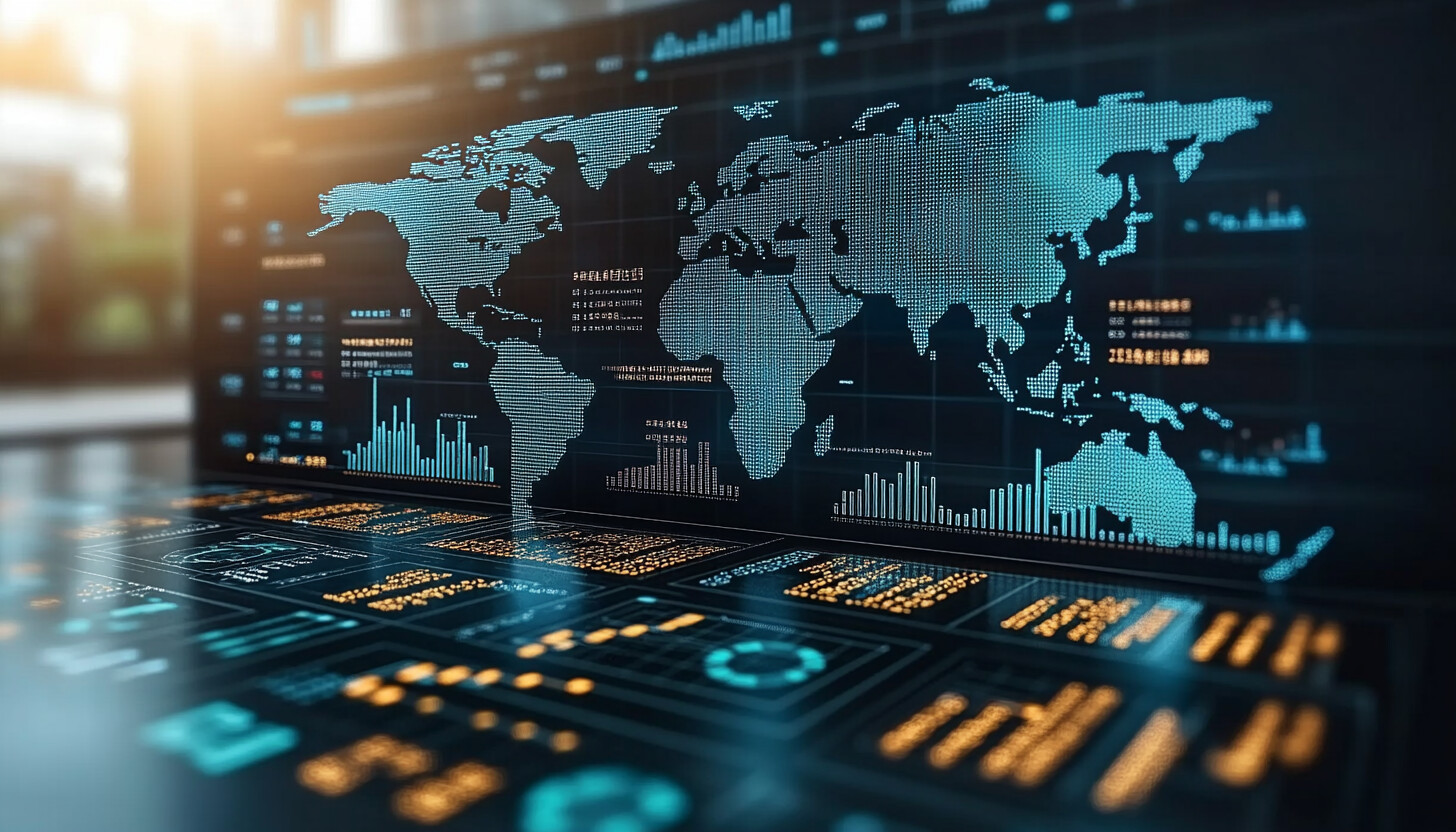 A visually captivating depiction of global markets interconnected with China's economy, featuring a stylized world map and dynamic financial graphs.