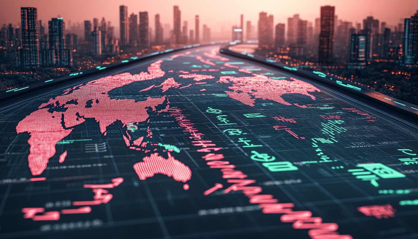 An elegant world map with arrows symbolizing trade flows, highlighting China and Japan, set against a backdrop of financial charts and currency symbols.