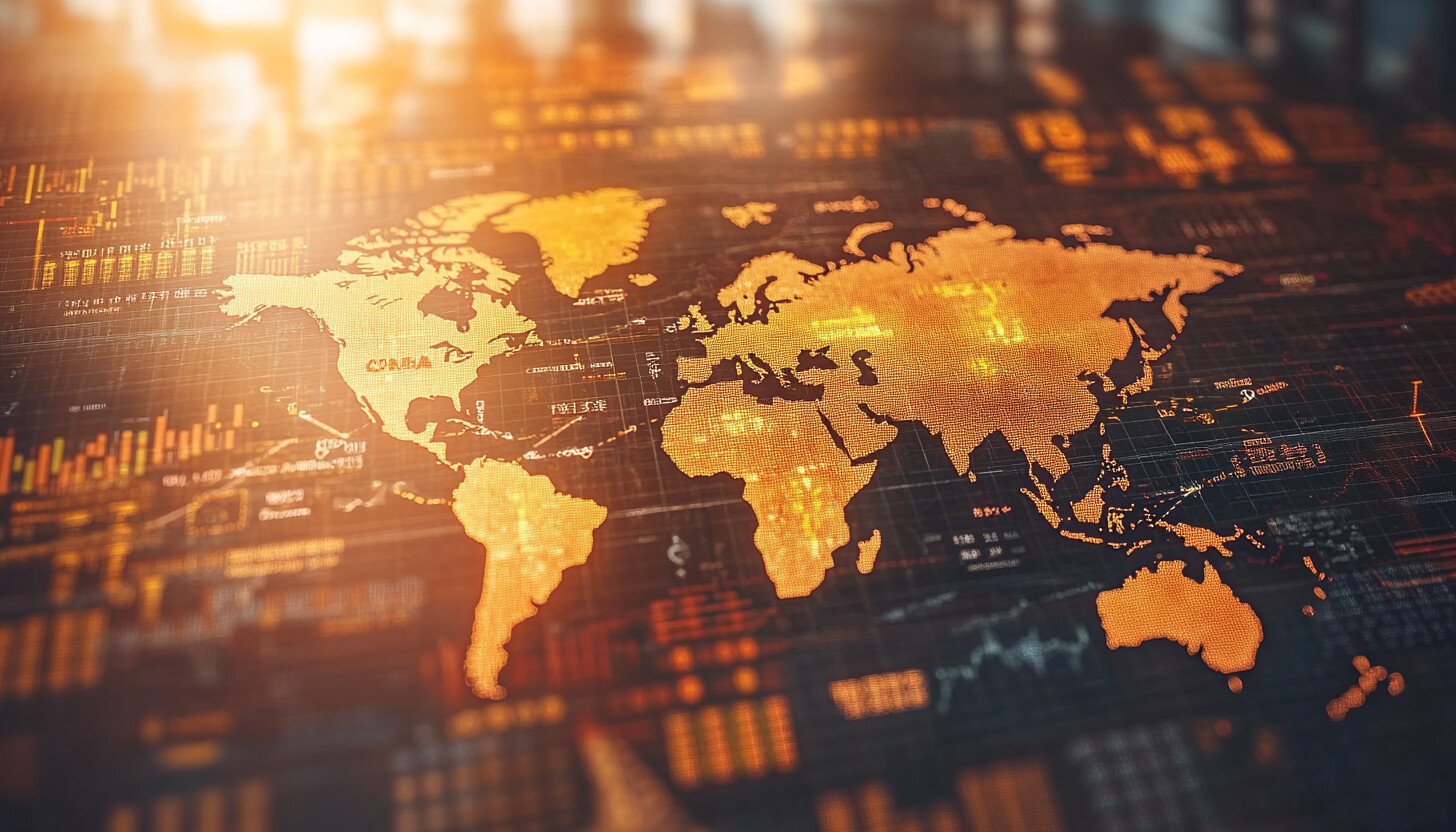 An elegant world map with arrows symbolizing trade flows, highlighting China and Japan, set against a backdrop of financial charts and currency symbols.