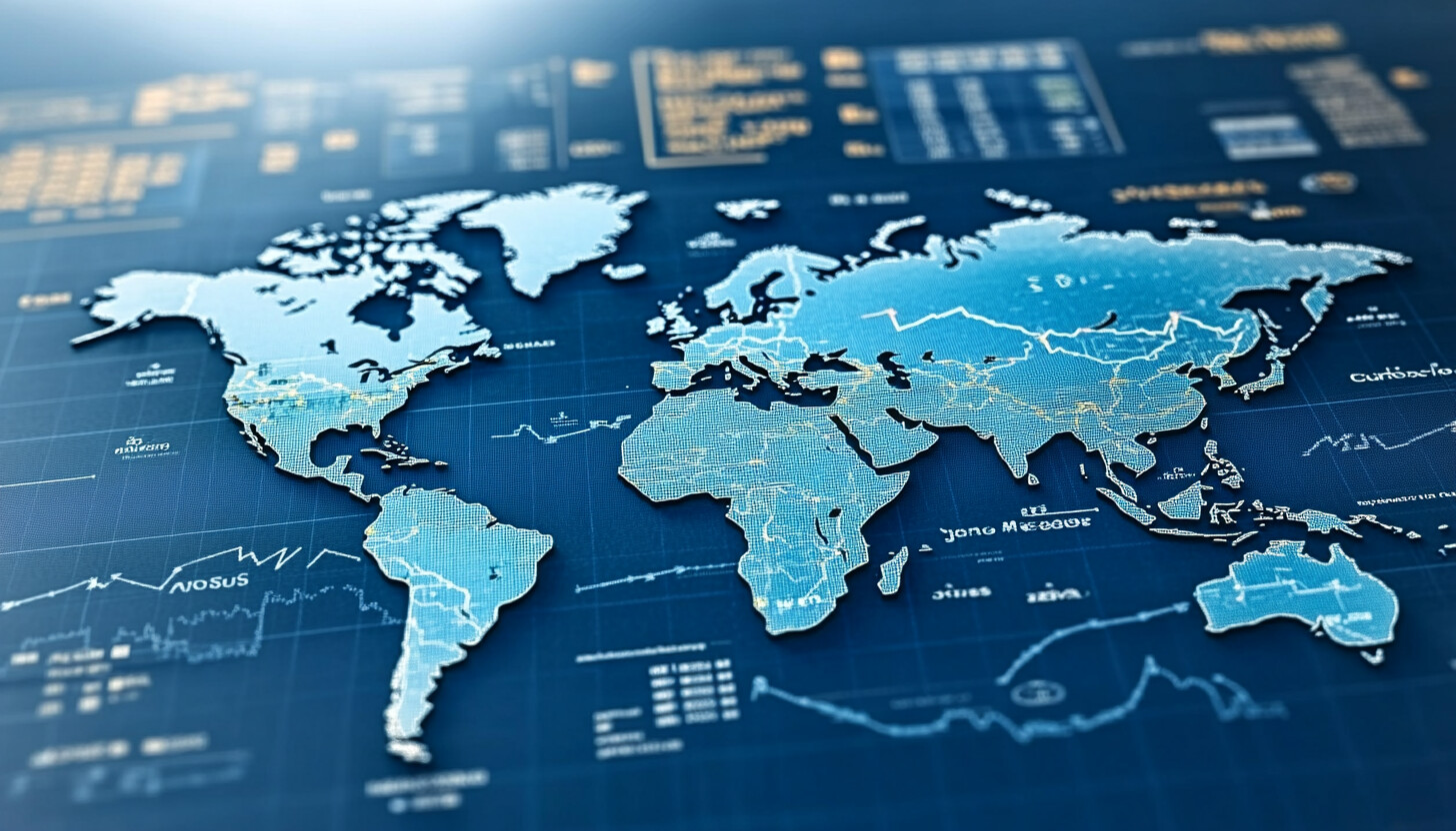 An elegant world map with arrows symbolizing trade flows, highlighting China and Japan, set against a backdrop of financial charts and currency symbols.