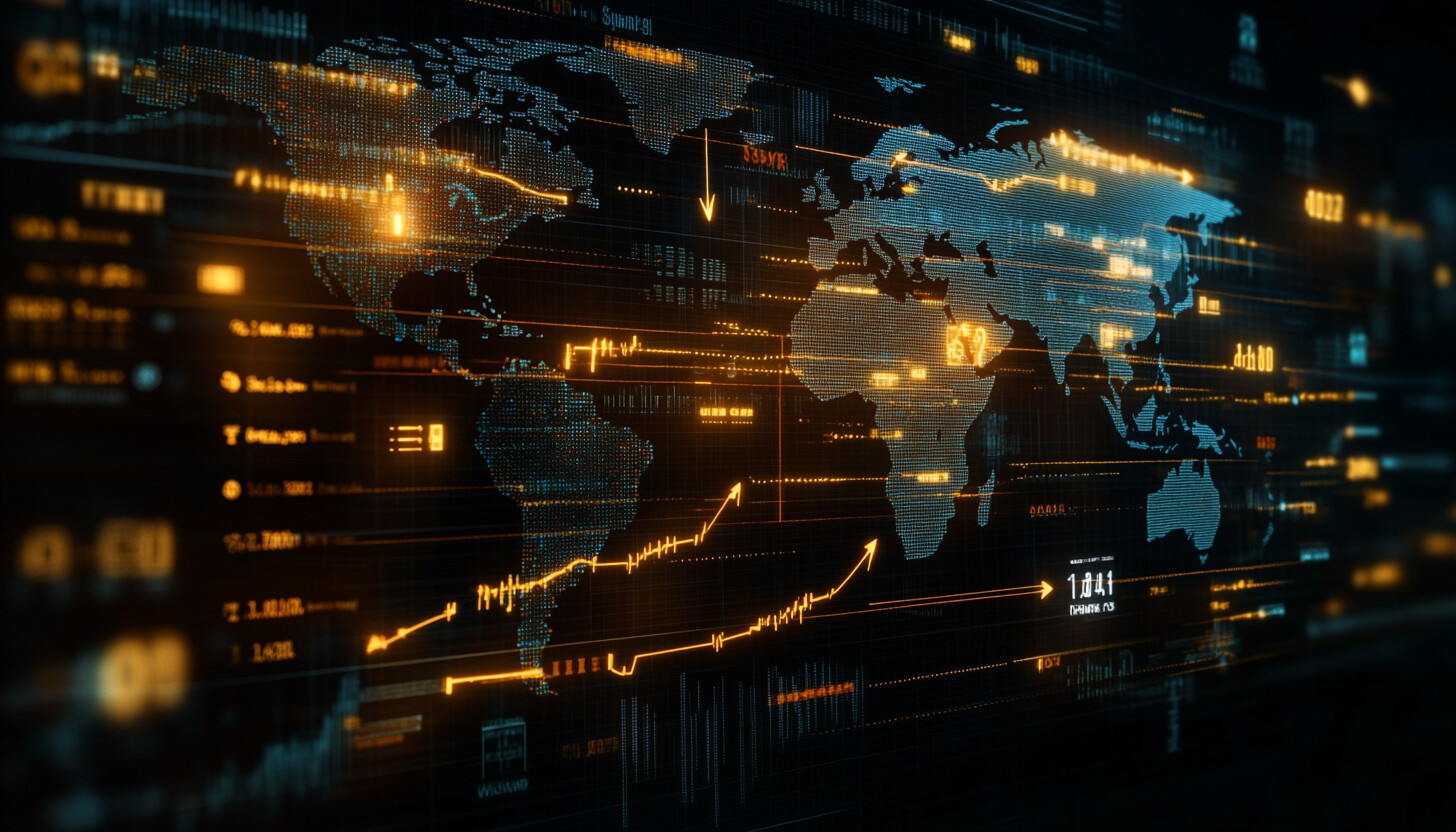 An elegant world map with arrows symbolizing trade flows, highlighting China and Japan, set against a backdrop of financial charts and currency symbols.