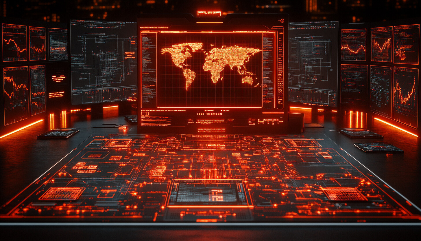 A dynamic and futuristic design featuring interconnected digital networks, symbolizing the complexity and vastness of the global cyber threat landscape.