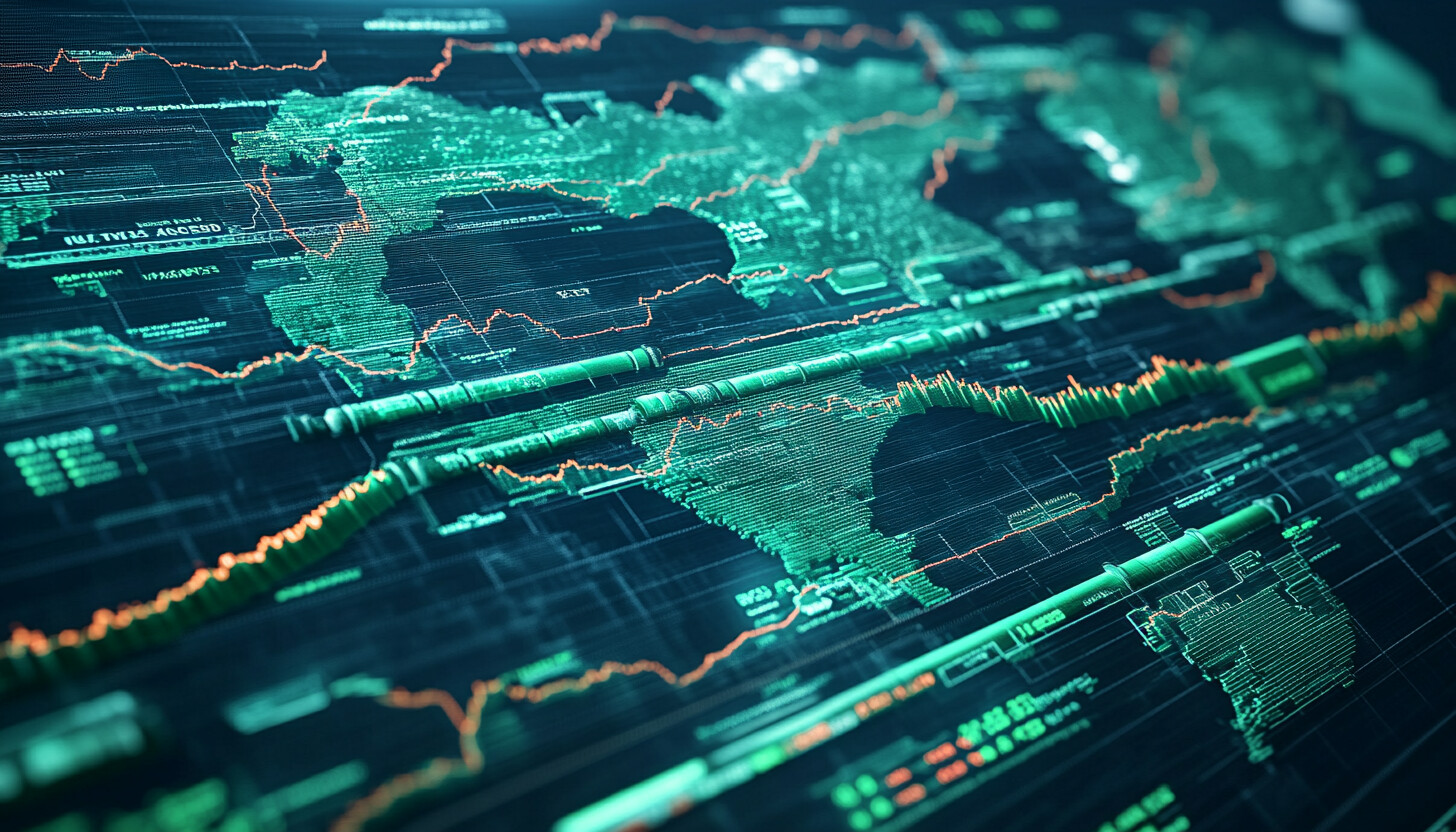 A visually captivating map highlighting Europe, Asia, and China, with gas pipelines and stock market graphs symbolizing economic interconnections.