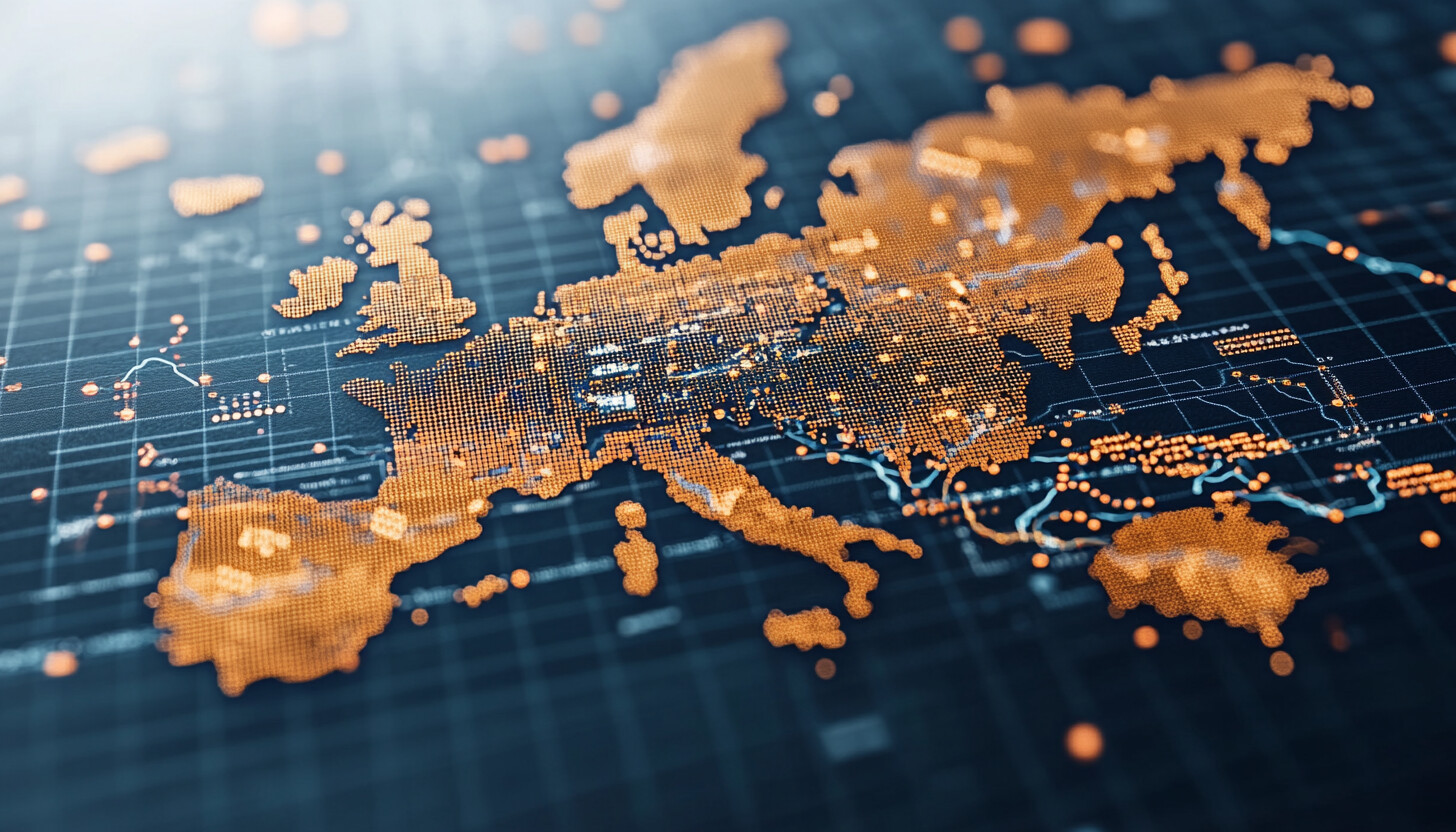 A visually captivating map highlighting Europe, Asia, and China, with gas pipelines and stock market graphs symbolizing economic interconnections.