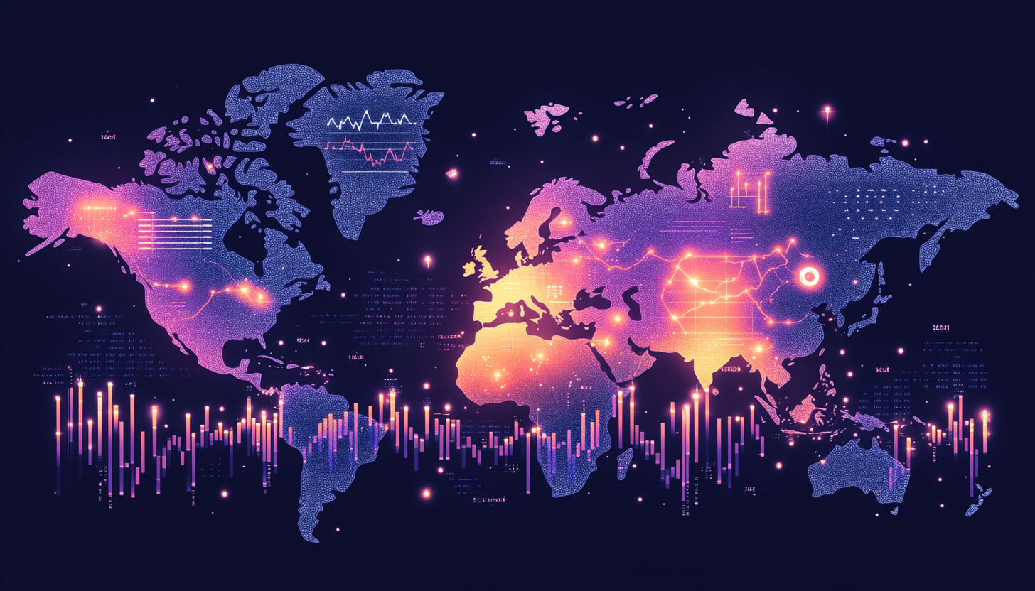 A visually captivating map highlighting Europe, Asia, and China, with gas pipelines and stock market graphs symbolizing economic interconnections.