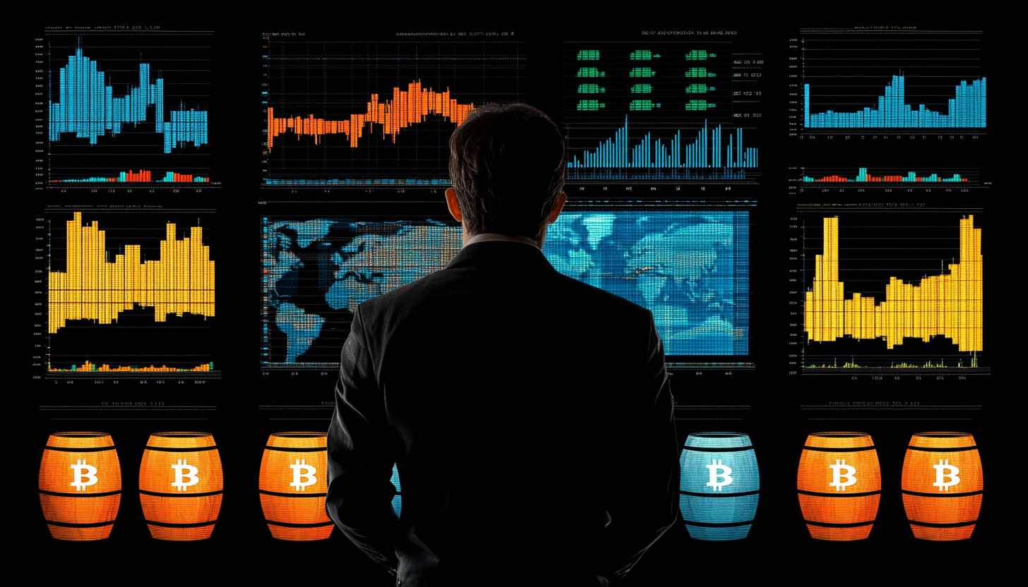 A visually striking image of global market trends with graphs and charts symbolizing stock and commodity price movements against a backdrop of oil barrels and digital currency symbols.