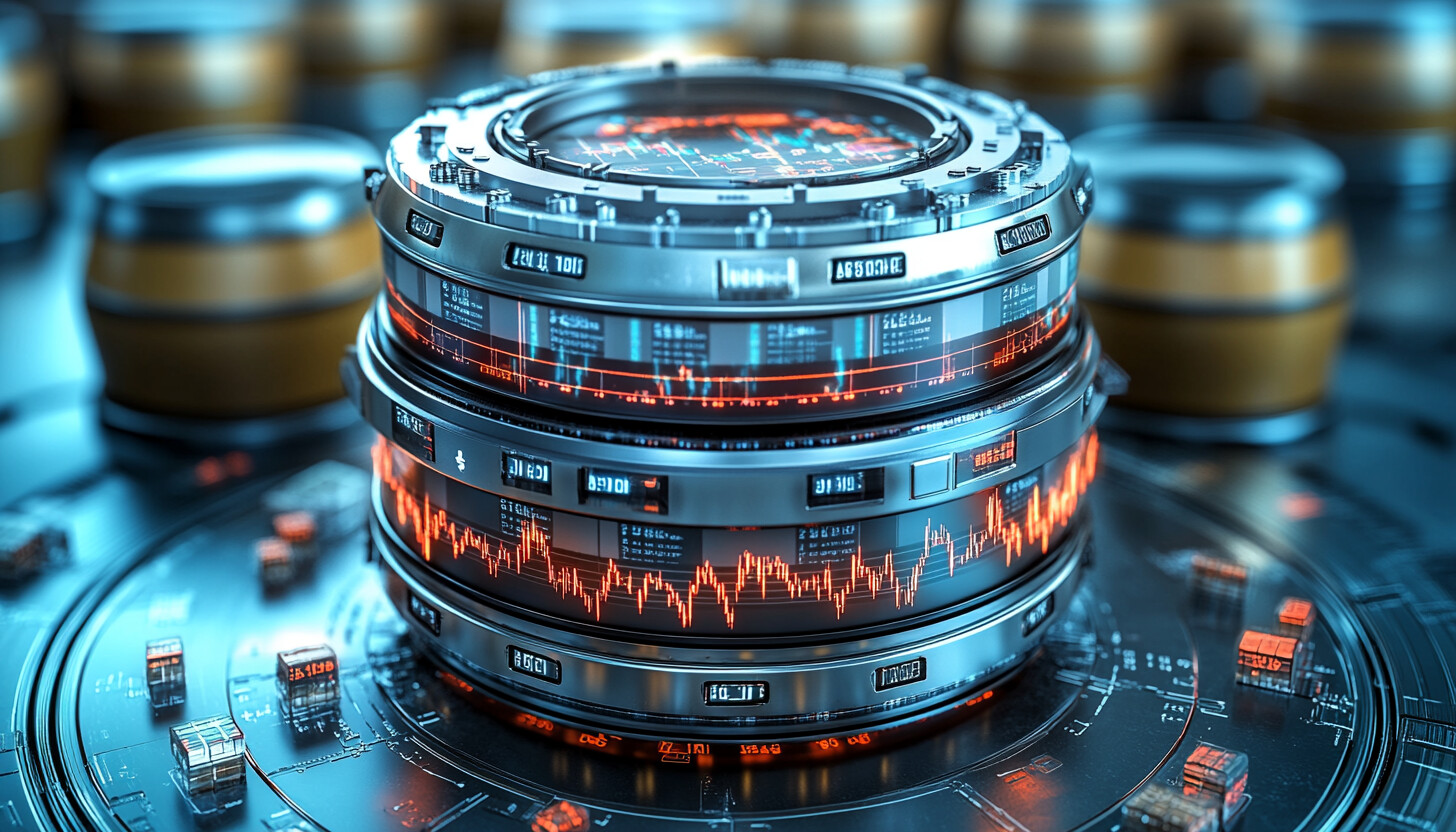 A visually striking image of global market trends with graphs and charts symbolizing stock and commodity price movements against a backdrop of oil barrels and digital currency symbols.