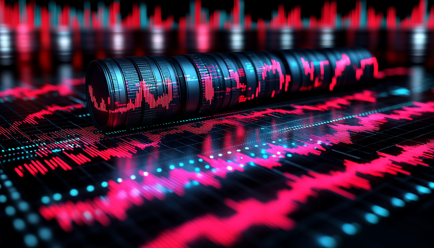 A visually striking image of global market trends with graphs and charts symbolizing stock and commodity price movements against a backdrop of oil barrels and digital currency symbols.