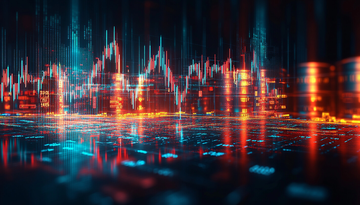 A visually striking image of global market trends with graphs and charts symbolizing stock and commodity price movements against a backdrop of oil barrels and digital currency symbols.