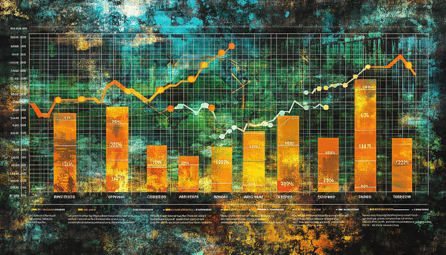 A sophisticated and dynamic graph illustrating hedge fund performance trends in 2024, with vibrant c