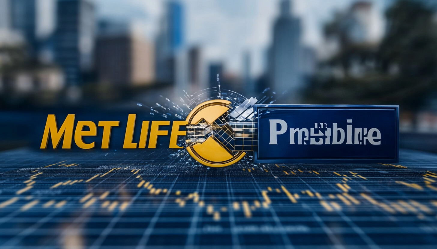 A modern, dynamic illustration depicting the MetLife and PineBridge logos merging, set against a bac