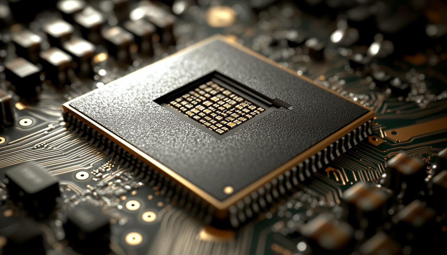 A modern, sleek semiconductor chip shown in close-up, highlighting intricate details and reflecting 