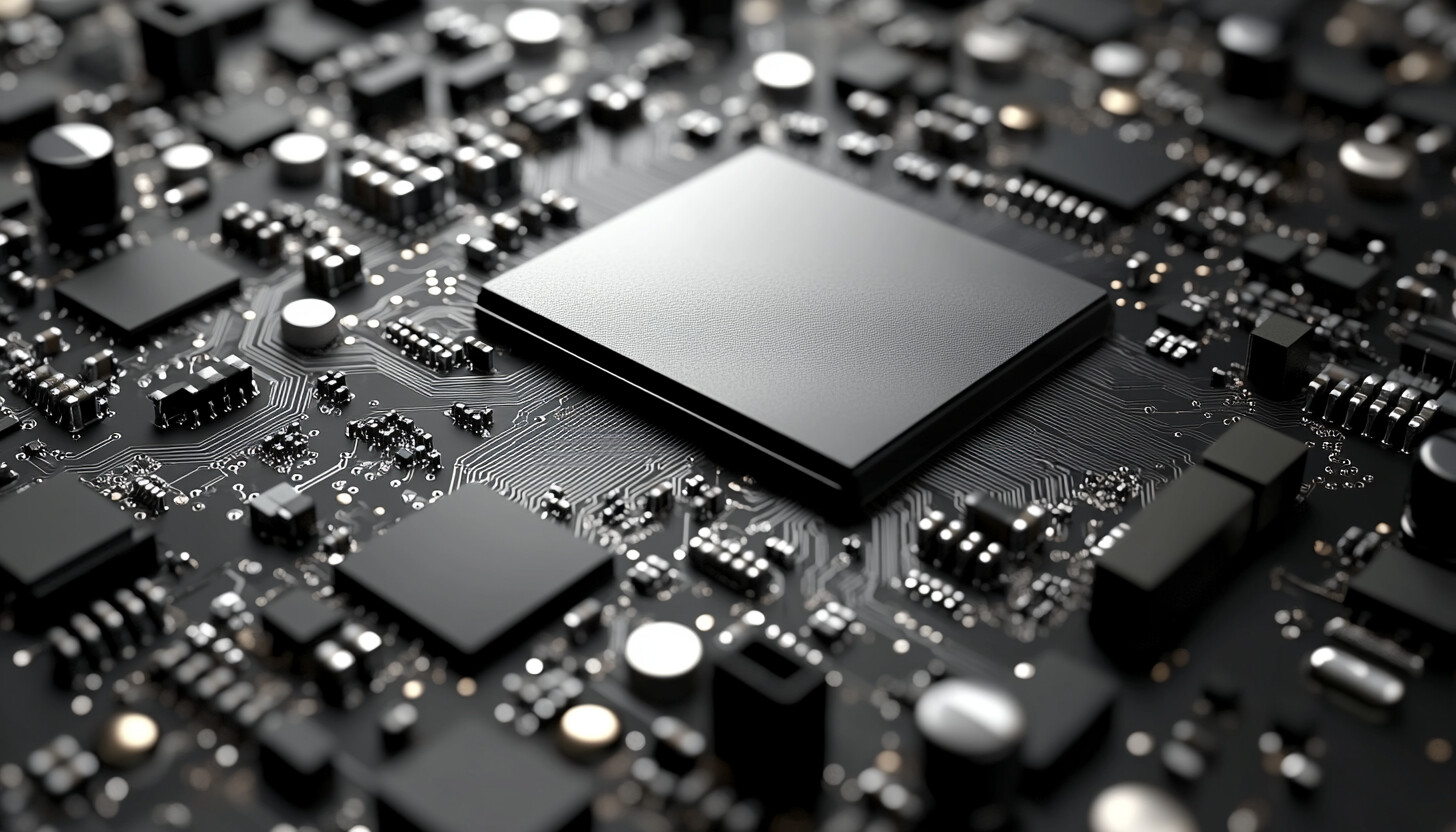 A modern, sleek semiconductor chip shown in close-up, highlighting intricate details and reflecting futuristic technology aesthetics.