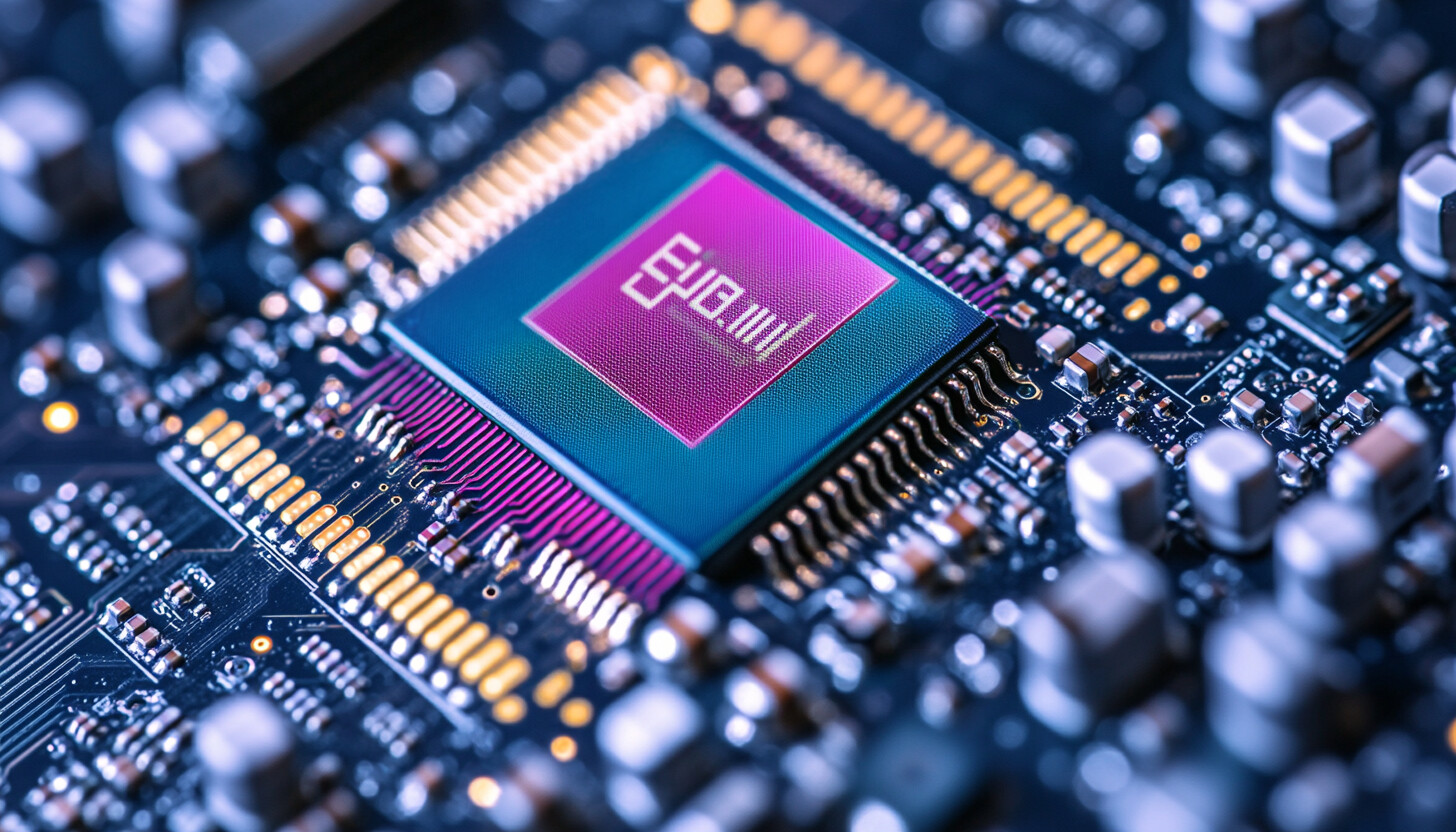 A modern, sleek semiconductor chip shown in close-up, highlighting intricate details and reflecting futuristic technology aesthetics.