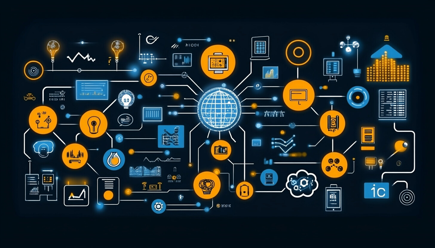 A visually striking illustration featuring a dynamic mix of digital data streams and AI icons, symbo