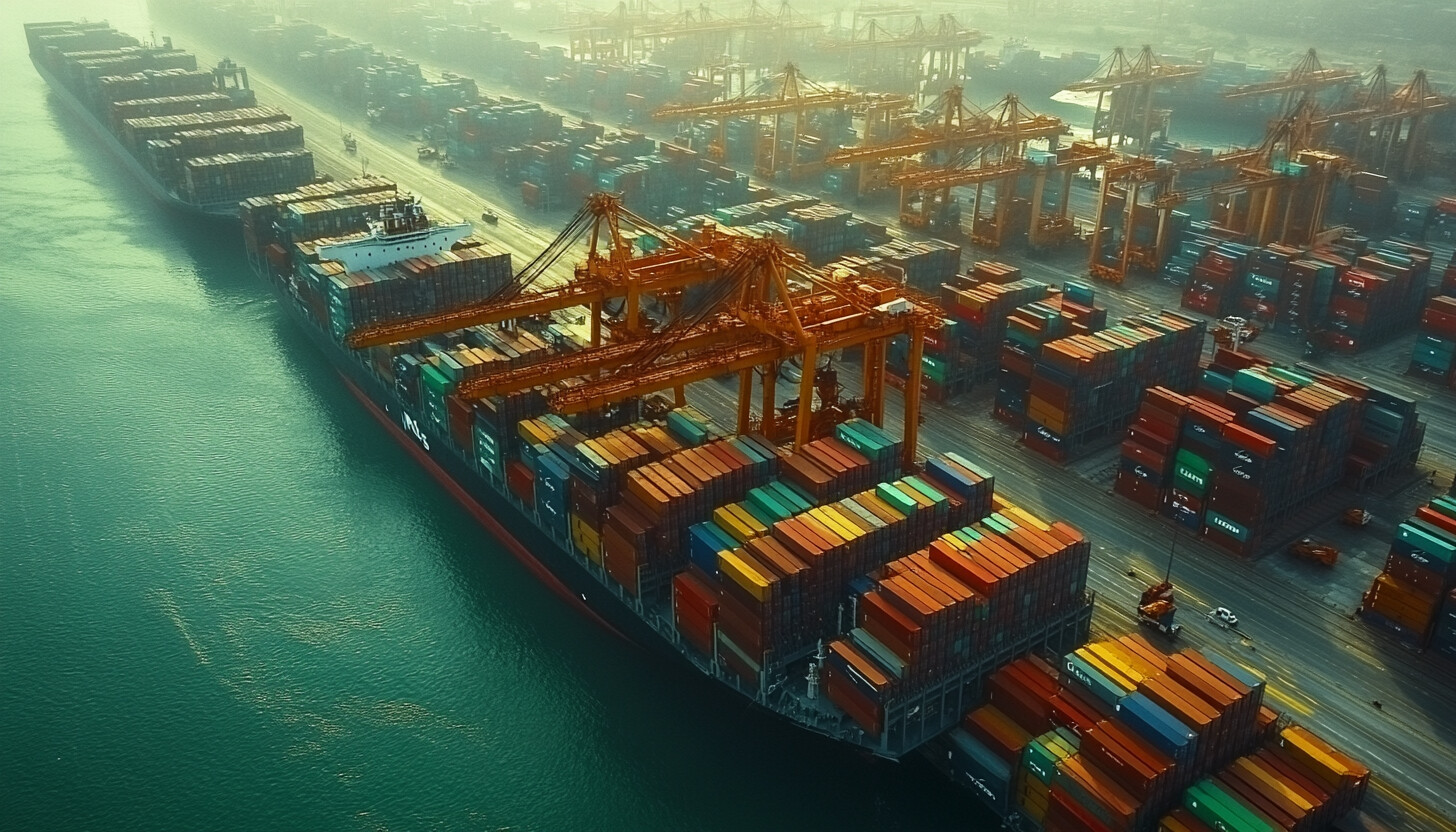 Aesthetic depiction of a bustling port with container ships, capturing the essence of global trade and the dynamic nature of shipping routes.