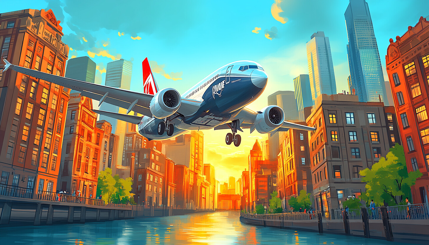 A sleek and modern illustration of a Boeing aircraft soaring through a clear blue sky, symbolizing i