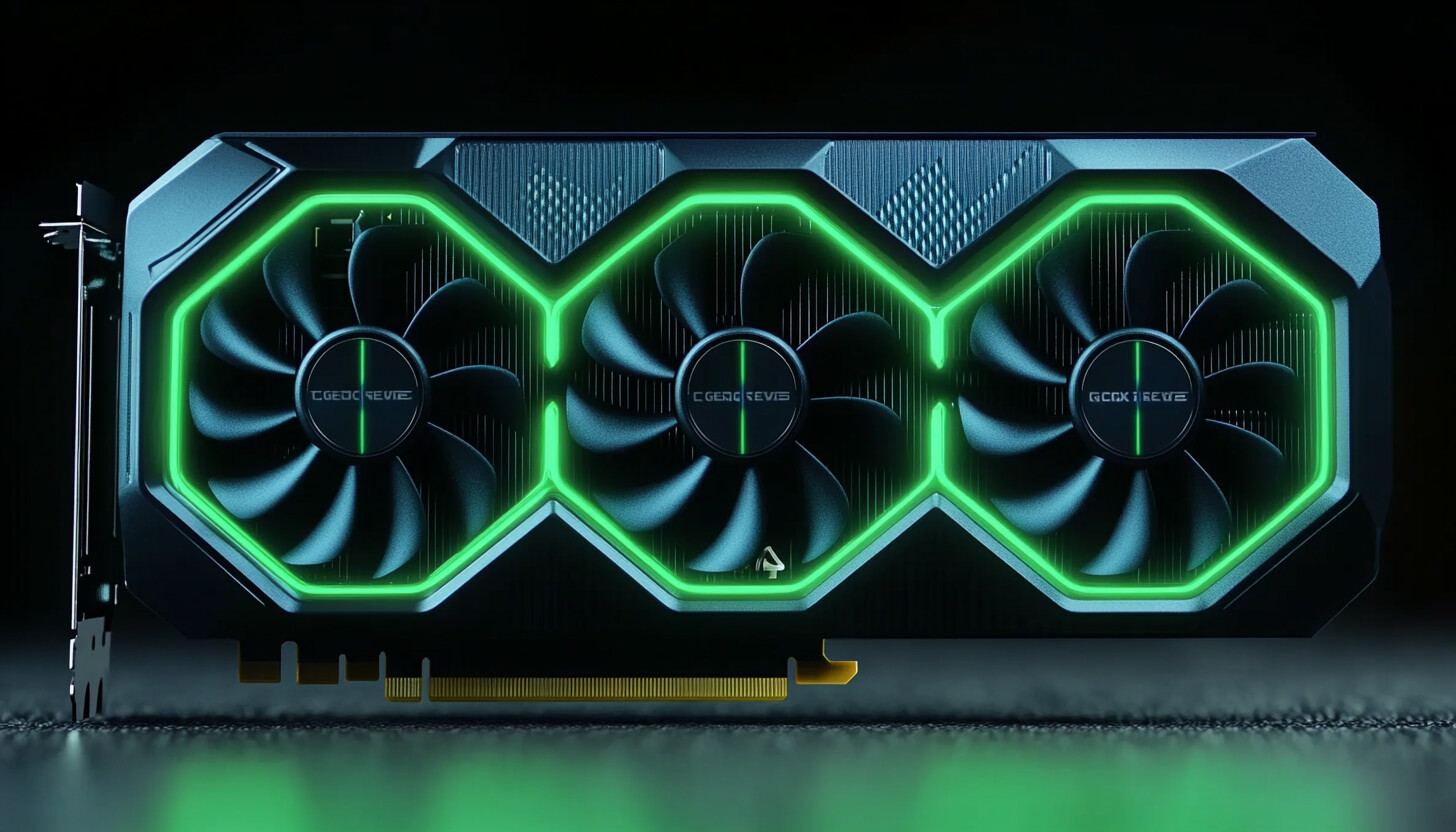 A sleek, futuristic graphic card design, glowing with vibrant green and black hues, symbolizing cutting-edge technology and innovation in gaming hardware.