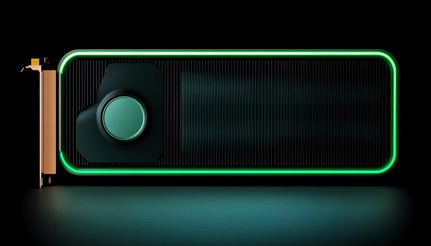 A sleek, futuristic graphic card design, glowing with vibrant green and black hues, symbolizing cutting-edge technology and innovation in gaming hardware.