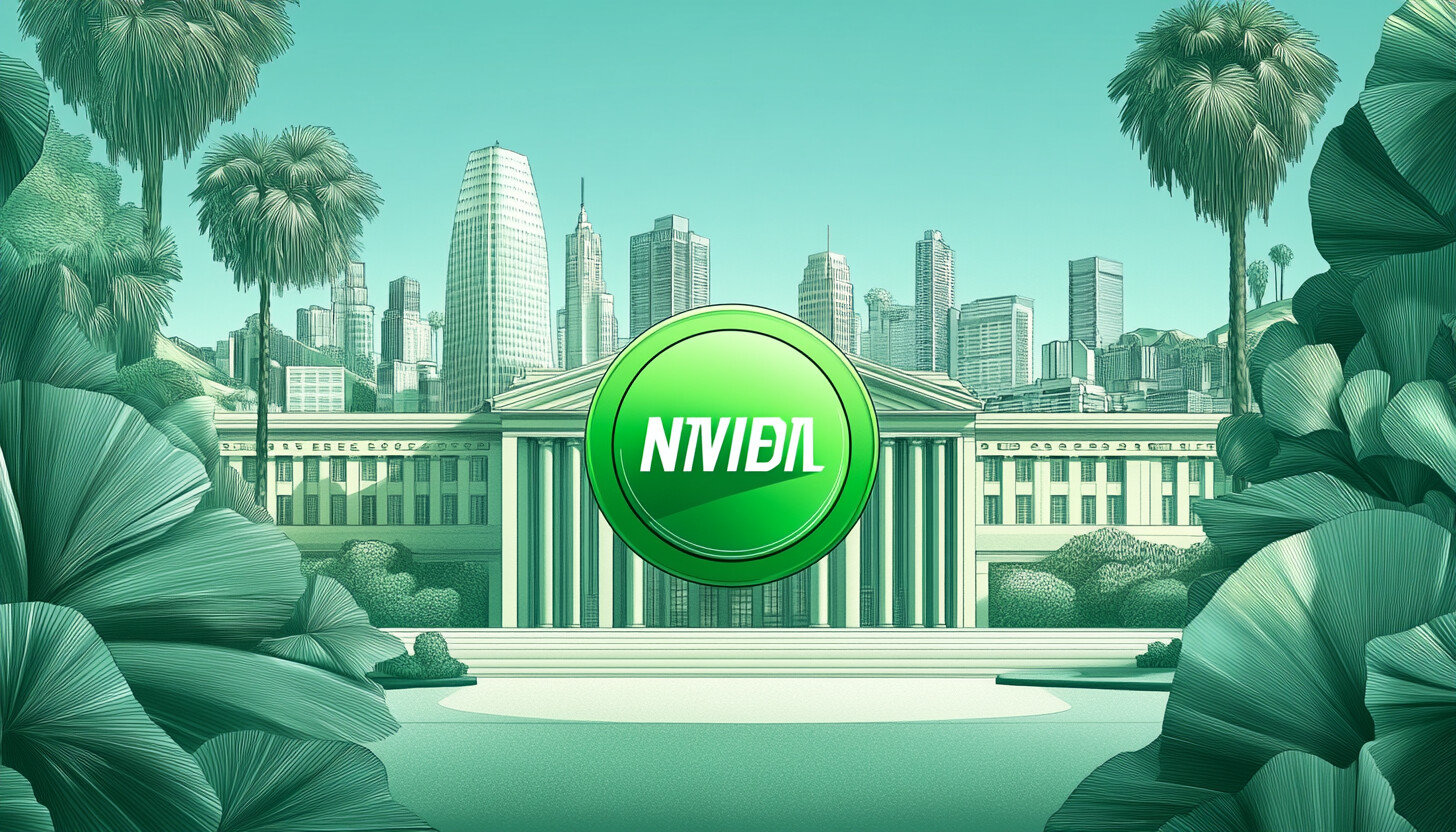 An elegant, tech-themed illustration featuring NVIDIA's logo with a futuristic cityscape in the background, symbolizing innovation and forward-thinking technology.