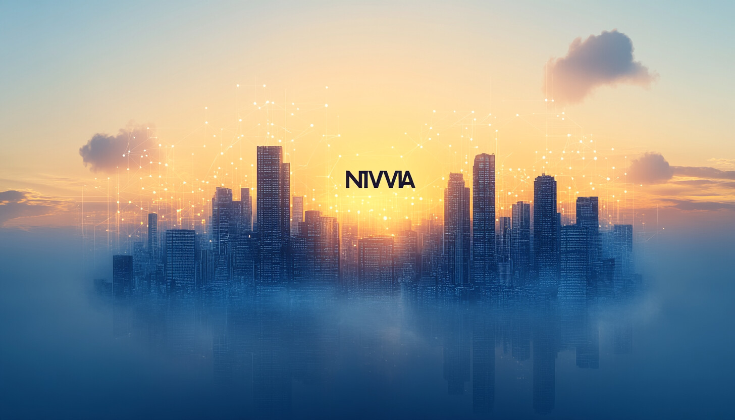 An elegant, tech-themed illustration featuring NVIDIA's logo with a futuristic cityscape in the background, symbolizing innovation and forward-thinking technology.