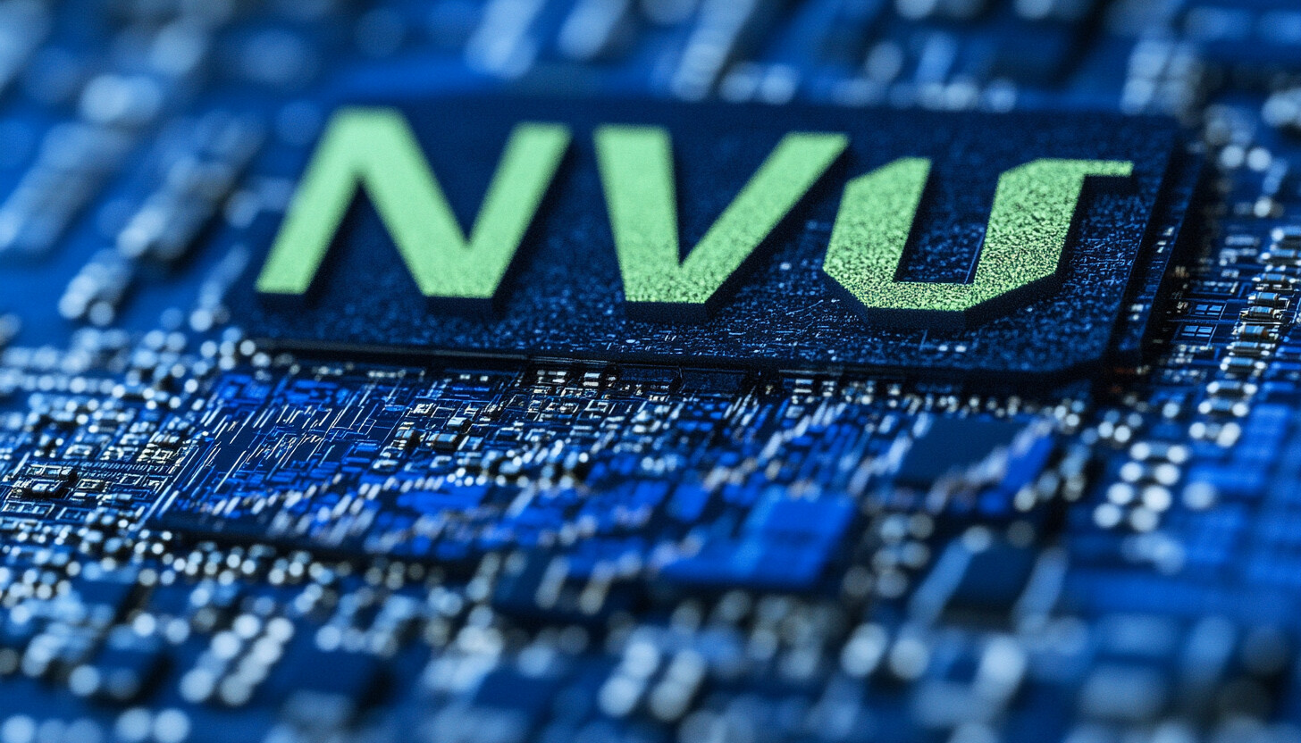 A dynamic, digital illustration of Nvidia's logo juxtaposed with a stock market graph, symbolizing t