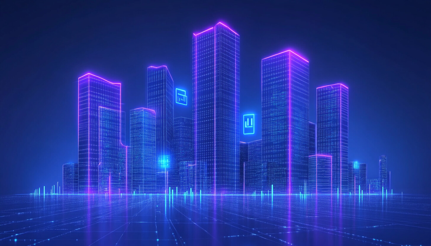 A dynamic, futuristic cityscape with digital elements and abstract technology symbols, representing global expansion and innovation in IT services.