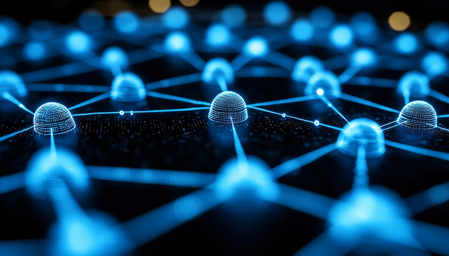 A dynamic illustration of interconnected global networks and digital technology symbols representing