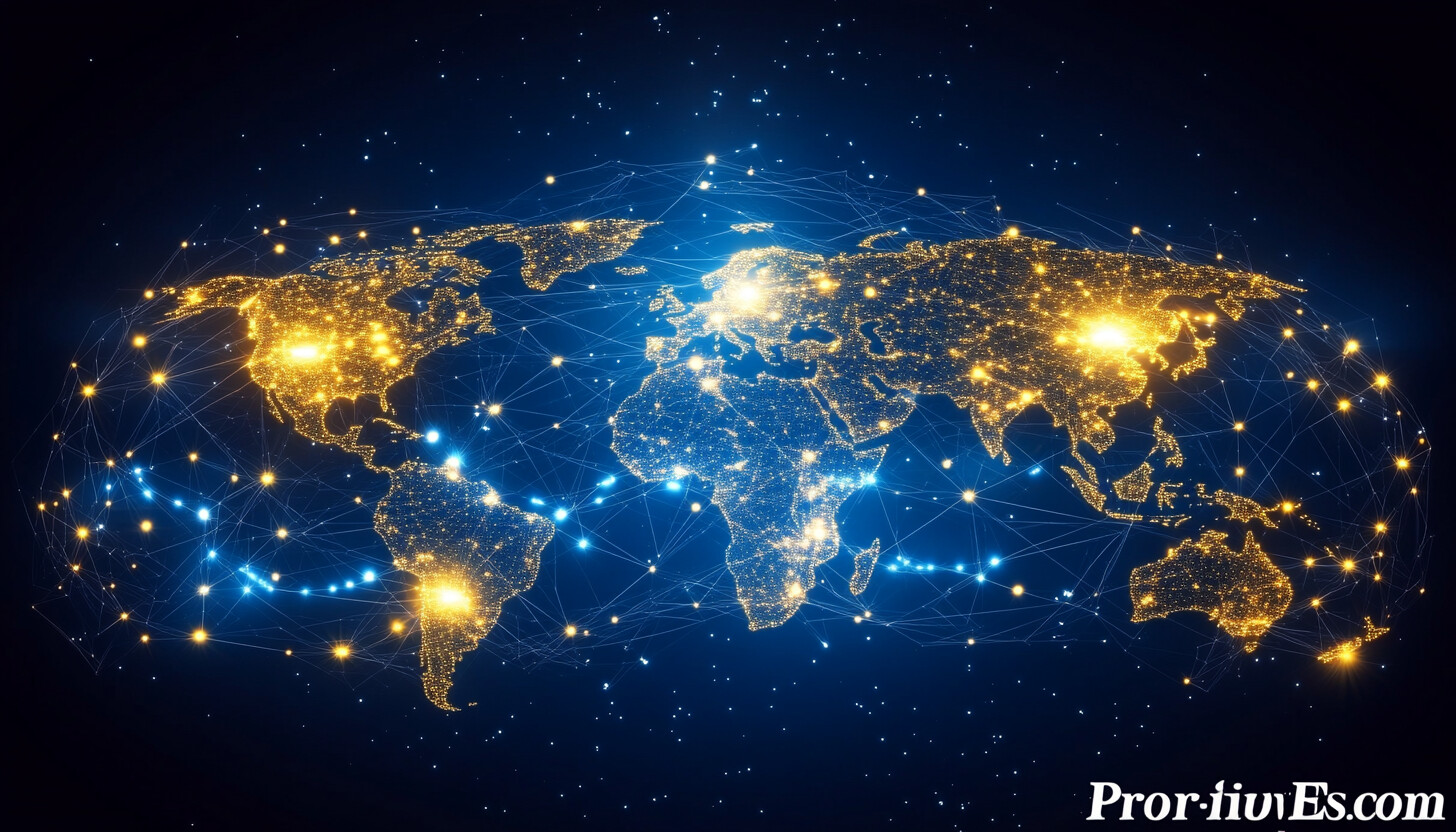 A dynamic illustration of interconnected global networks and digital technology symbols representing global IT services and innovation.