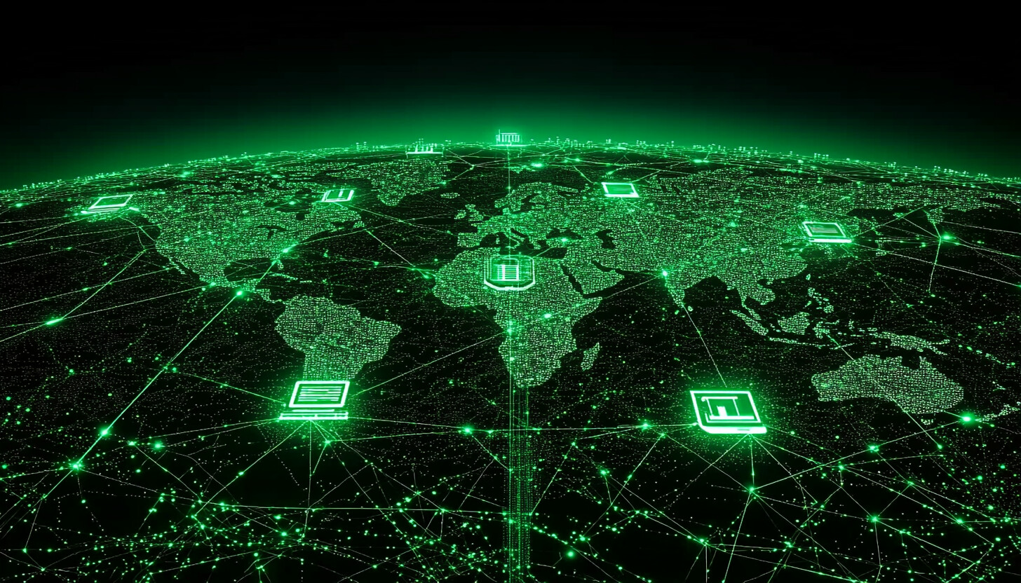 A dynamic illustration of interconnected global networks and digital technology symbols representing global IT services and innovation.