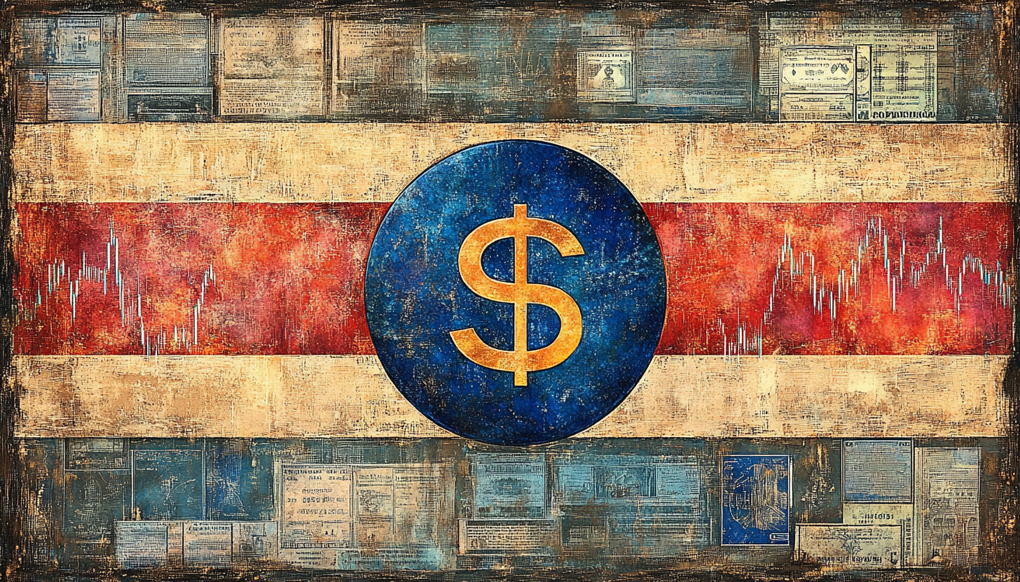 A vibrant illustration of Paraguay's Guarani currency symbol, surrounded by a background of calm fin