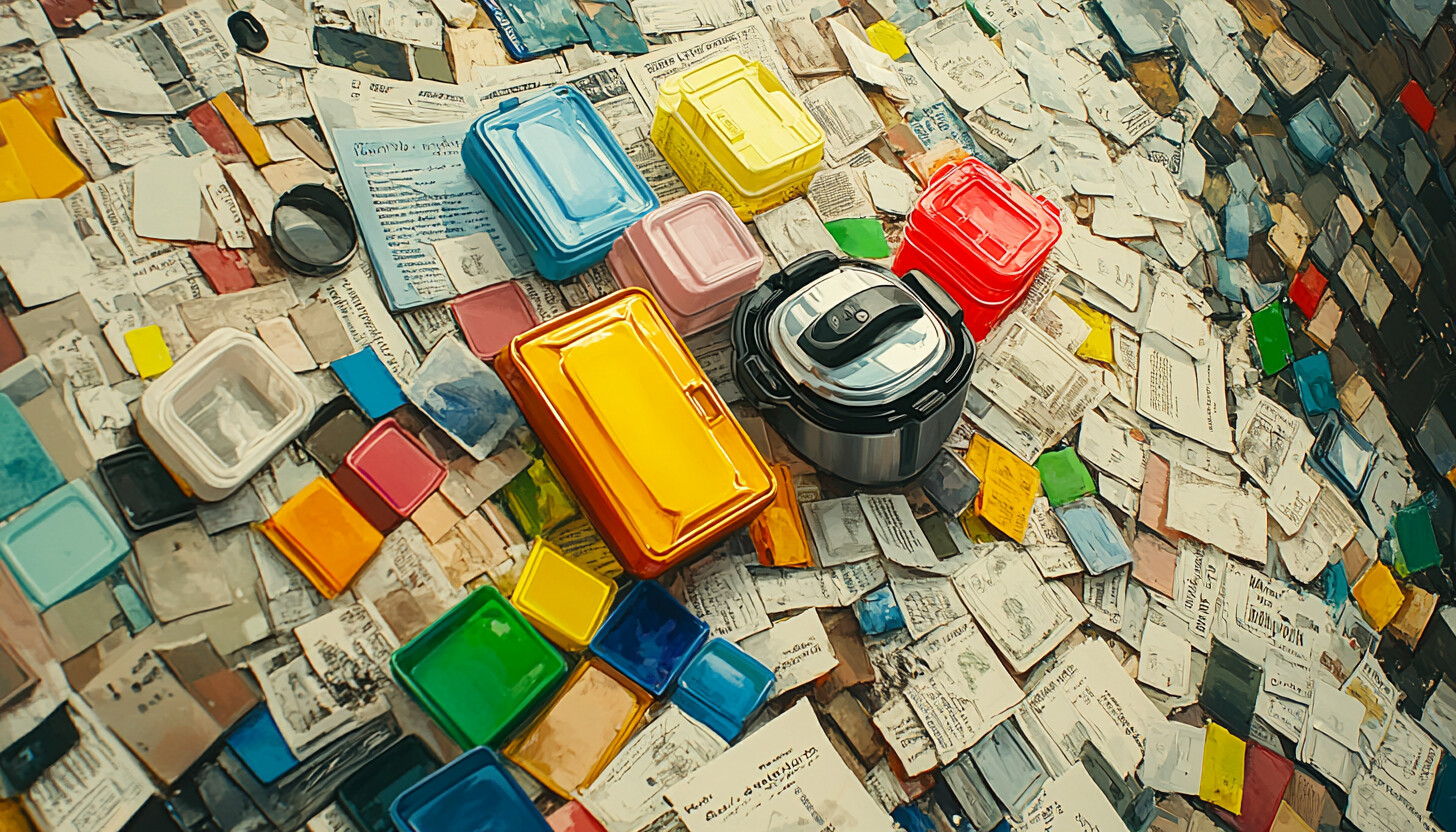 A visually striking image of iconic kitchenware items like Tupperware containers and Instant Pot, artfully arranged against a backdrop of financial documents symbolizing economic hardship.