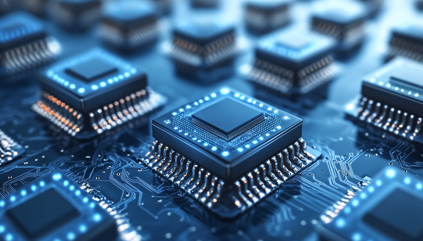 A futuristic depiction of semiconductor chips with intricate circuitry, reflecting innovation and technology. The image's cool tones and sharp lines highlight the cutting-edge advancements in the semiconductor industry.