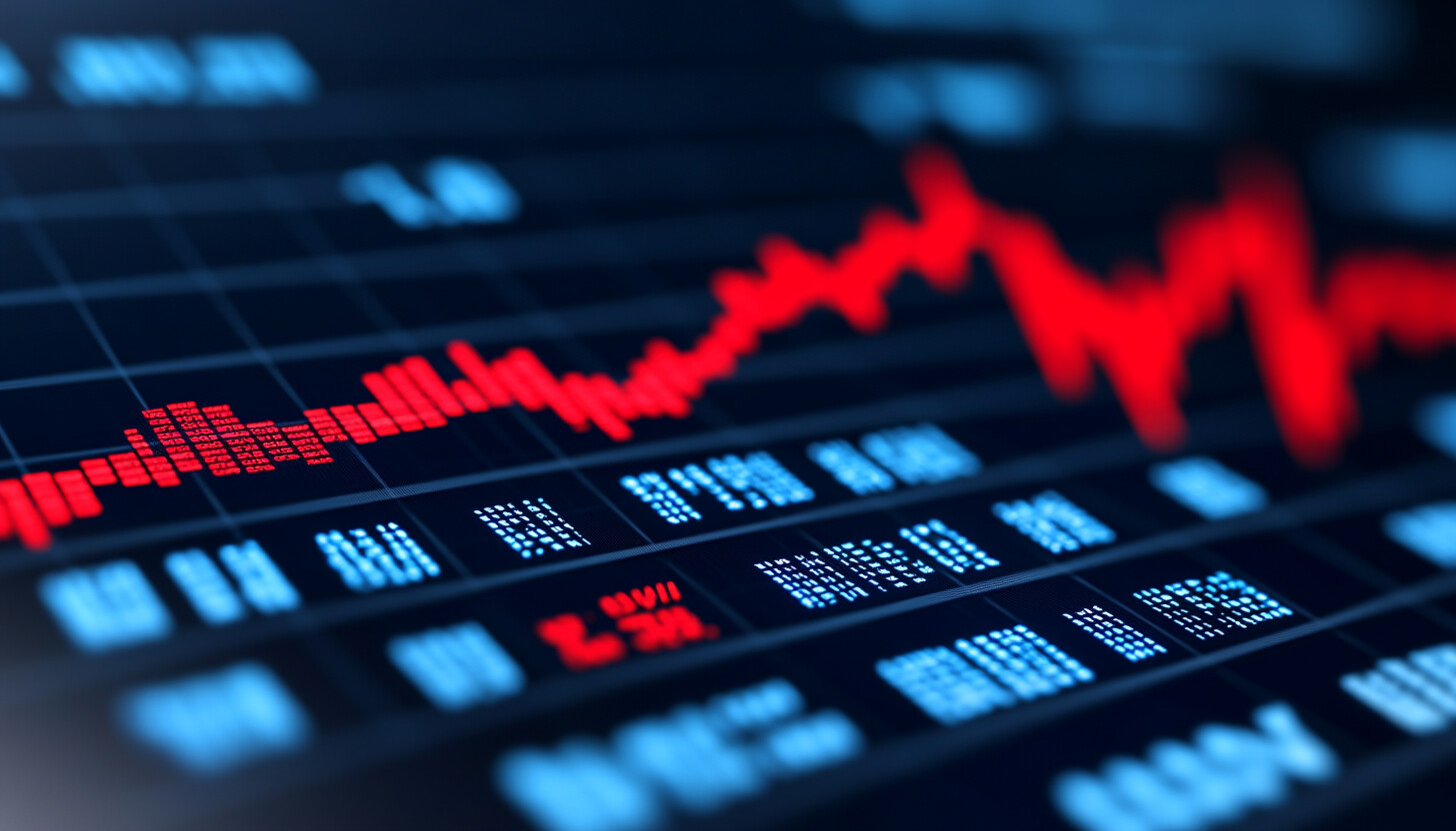 Aesthetic representation of a stock market chart with a downward trend, capturing the recent decline in S&P 500, set against a backdrop of digital financial data.