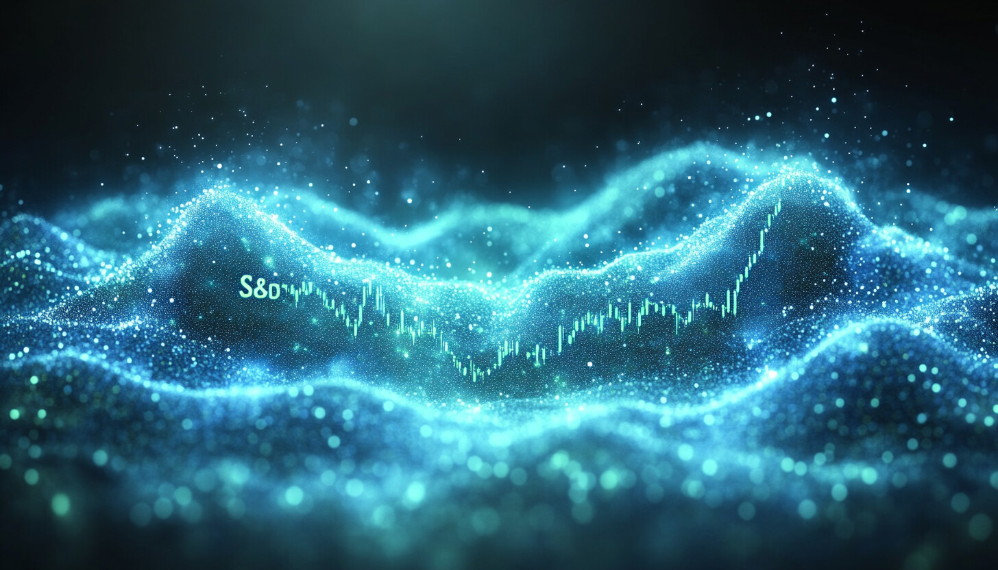 An elegant chart of the S&P 500 index reflecting key support and resistance levels, with a sophisticated blend of blue and green hues.